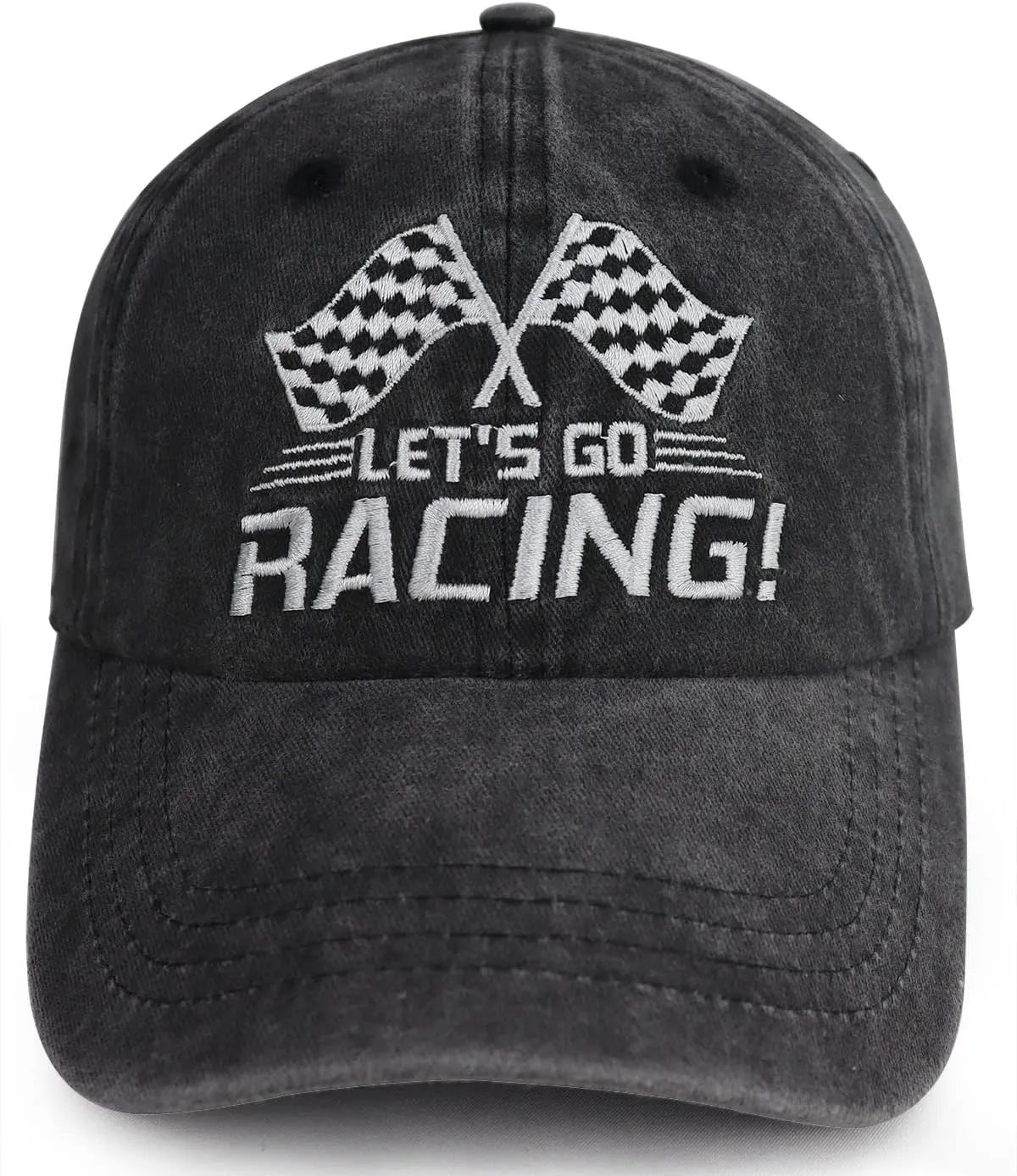 Let's Go Racing Hat for Men Women, Adjustable Embroidered Washed Cotton Checkered Flags Race Car Baseball Cap