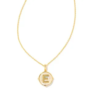 Letter E Gold Disc Pendant in Iridescent Abalone by Kendra Scott