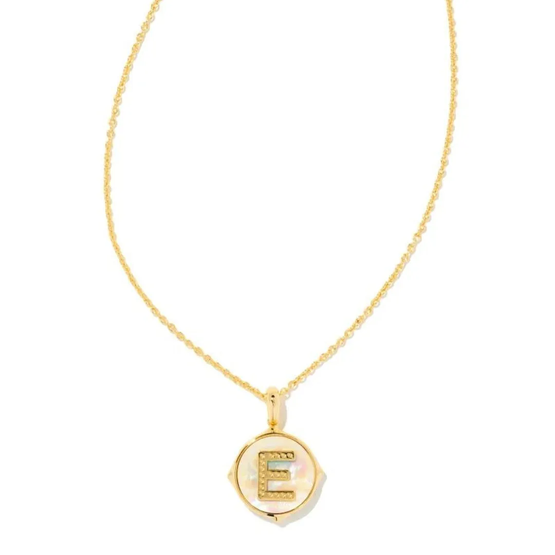 Letter E Gold Disc Pendant in Iridescent Abalone by Kendra Scott