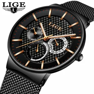 LIGE Fashion  Luxury Quartz Watch Men Casual Slim Mesh Steel