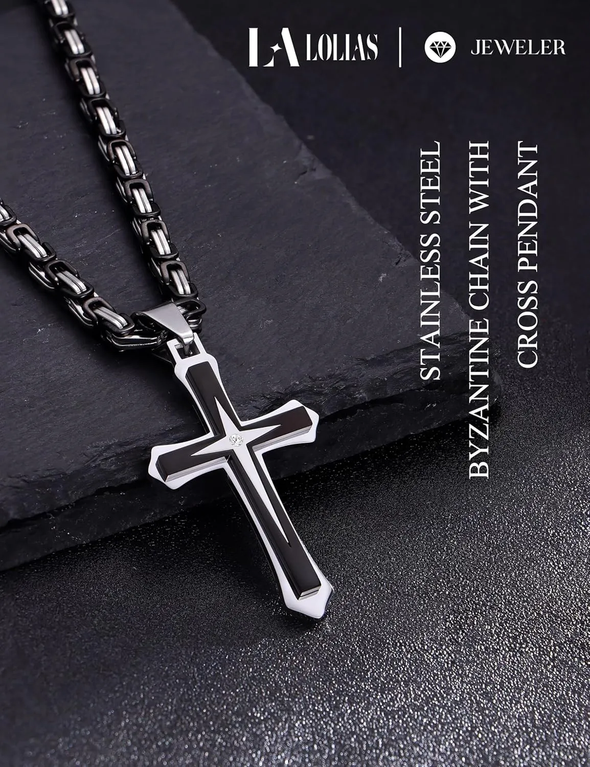 LOLIAS Black Gold ?????????? ???????????????? for Men Stainless Steel ?????????????????? Chain With Cross Pendant Necklace ???????? ???????? 22-30Inch