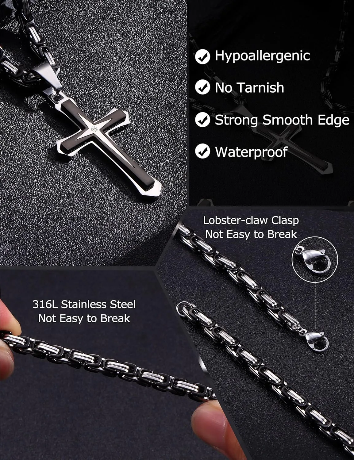LOLIAS Black Gold ?????????? ???????????????? for Men Stainless Steel ?????????????????? Chain With Cross Pendant Necklace ???????? ???????? 22-30Inch