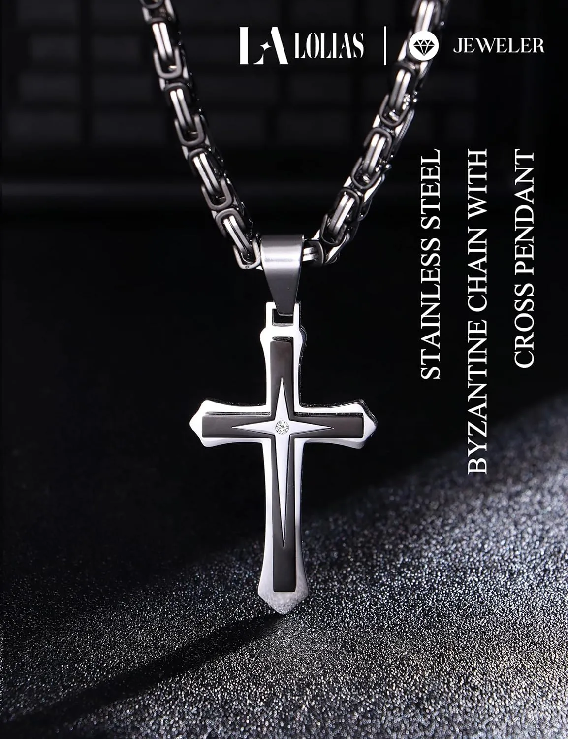 LOLIAS Black Gold ?????????? ???????????????? for Men Stainless Steel ?????????????????? Chain With Cross Pendant Necklace ???????? ???????? 22-30Inch