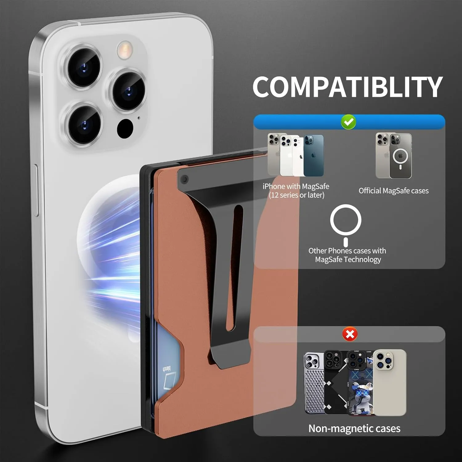 Magnetic Phone Wallet Compatible with Apple MagSafe - Metal Card Holder with AirTag Holder, RFID Blocking & Money Clip Mag Safe Wallet for iPhone 16 15 14 13 12 Pro Max/Pro/Plus/Mini