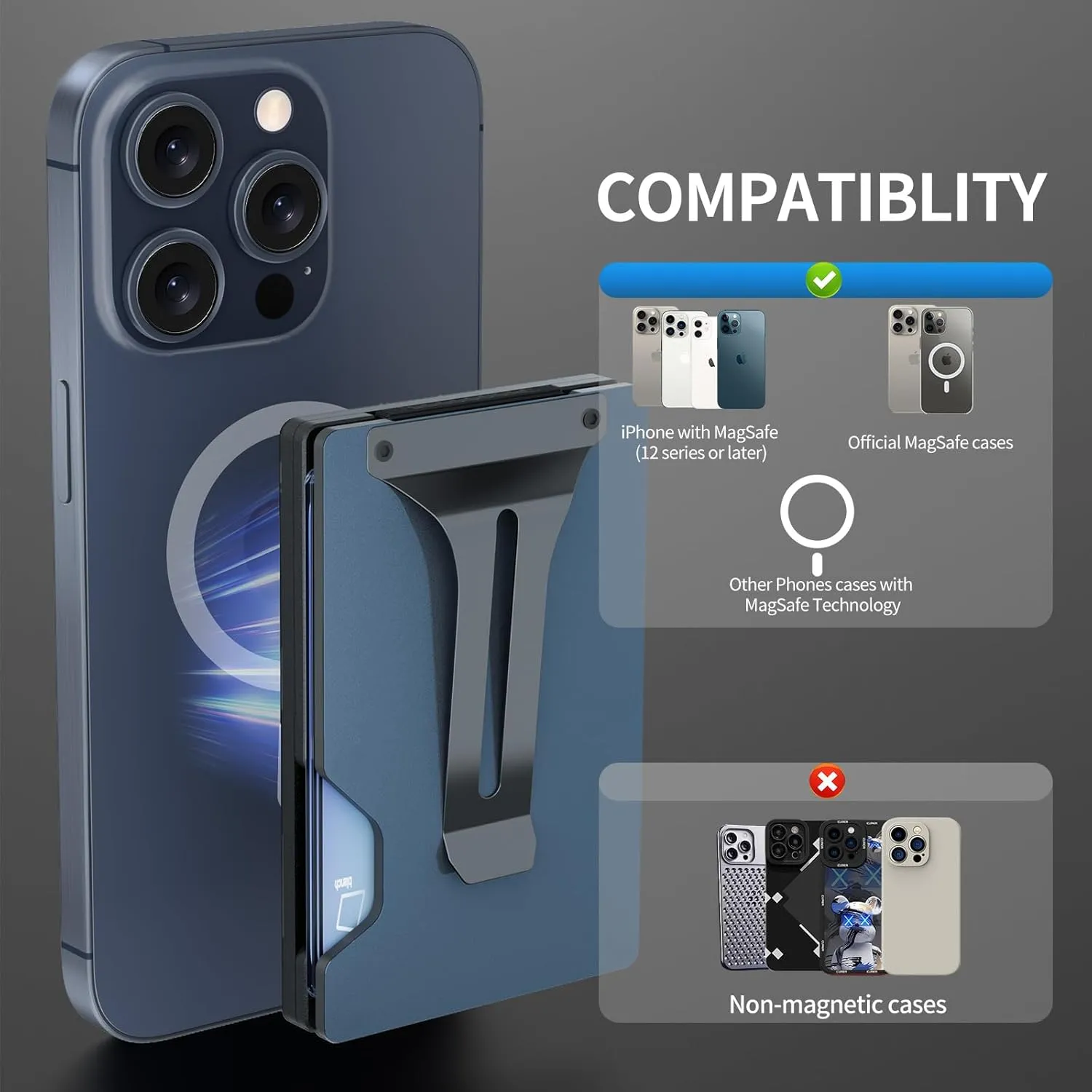 Magnetic Phone Wallet Compatible with Apple MagSafe - Metal Card Holder with AirTag Holder, RFID Blocking & Money Clip Mag Safe Wallet for iPhone 16 15 14 13 12 Pro Max/Pro/Plus/Mini