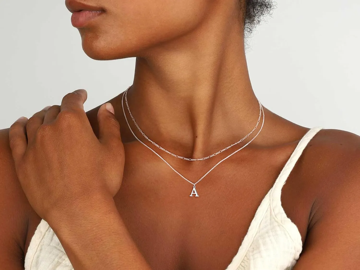 MBW Silver Initial Necklaces for Women Trendy, 14K Layered Necklace for Women Dainty Silver Letter Pendant Figaro Choker Necklaces Costume Monogram Name Necklace Silver Simple Tiny Jewelry Set