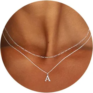 MBW Silver Initial Necklaces for Women Trendy, 14K Layered Necklace for Women Dainty Silver Letter Pendant Figaro Choker Necklaces Costume Monogram Name Necklace Silver Simple Tiny Jewelry Set