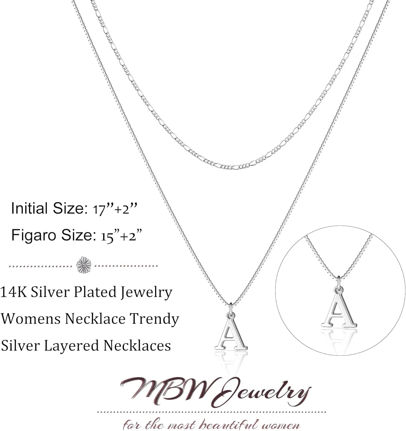 MBW Silver Initial Necklaces for Women Trendy, 14K Layered Necklace for Women Dainty Silver Letter Pendant Figaro Choker Necklaces Costume Monogram Name Necklace Silver Simple Tiny Jewelry Set
