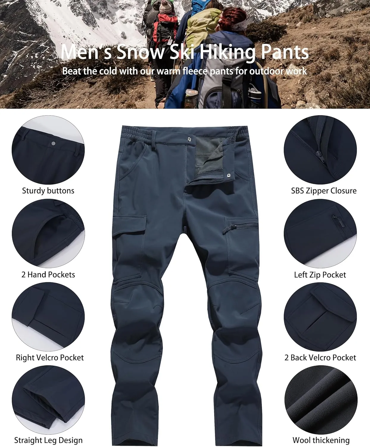 Men's Snow Ski Hiking Pants Winter Fleece Lined Softshell Outdoor Waterproof Insulated Cargo Work Pants