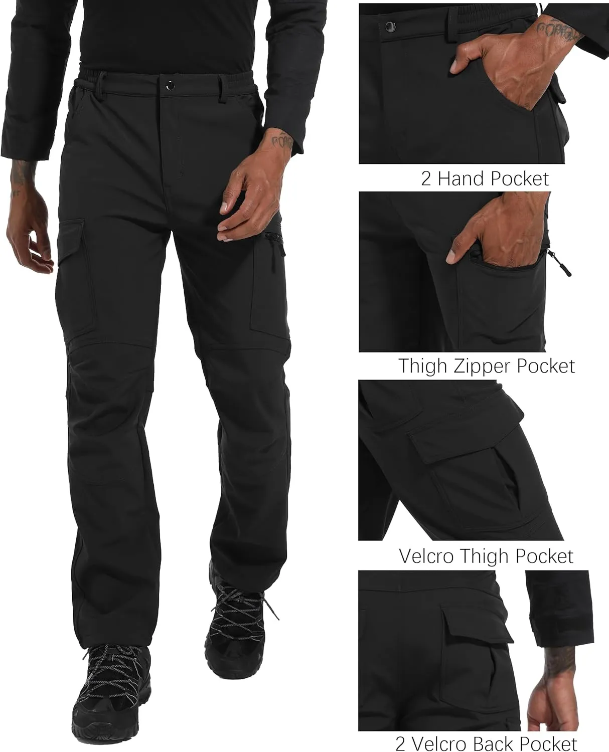 Men's Snow Ski Hiking Pants Winter Fleece Lined Softshell Outdoor Waterproof Insulated Cargo Work Pants