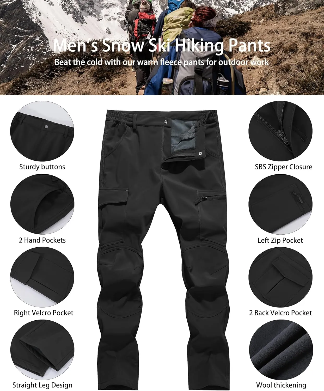 Men's Snow Ski Hiking Pants Winter Fleece Lined Softshell Outdoor Waterproof Insulated Cargo Work Pants