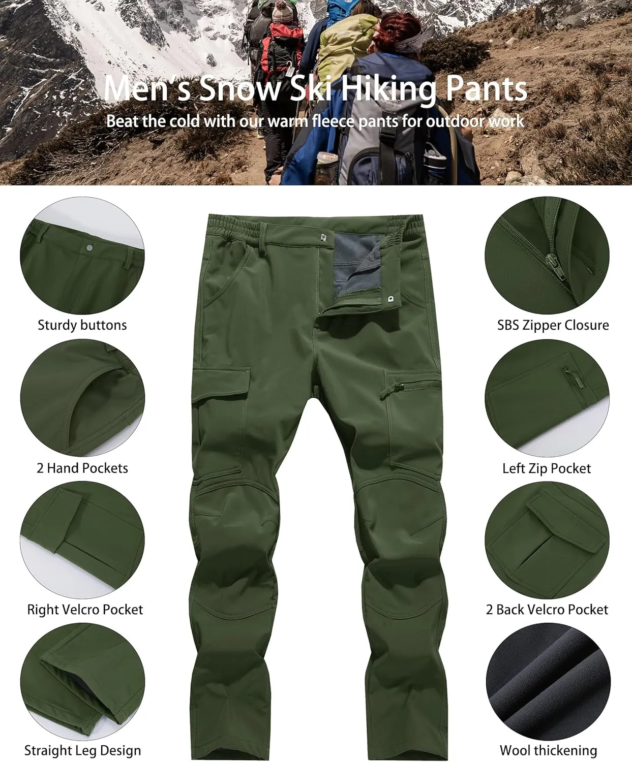 Men's Snow Ski Hiking Pants Winter Fleece Lined Softshell Outdoor Waterproof Insulated Cargo Work Pants