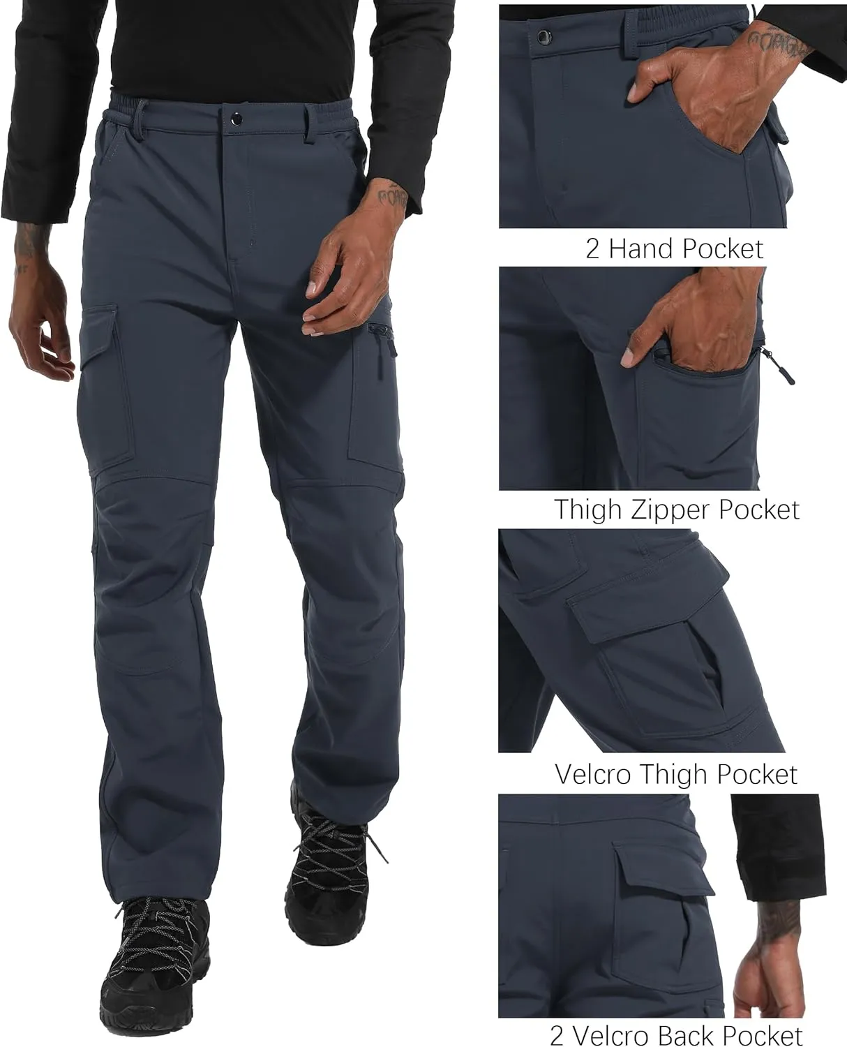 Men's Snow Ski Hiking Pants Winter Fleece Lined Softshell Outdoor Waterproof Insulated Cargo Work Pants