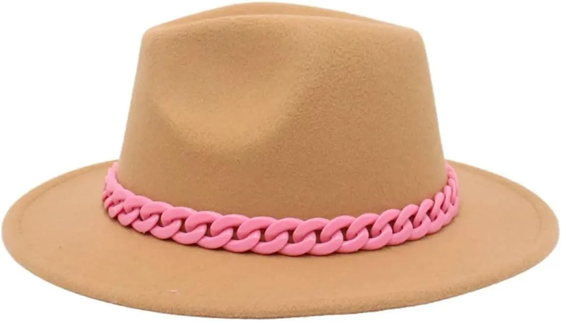 Men's Vintage Chain Top Hat Classic Wide Brim Hats for Women Men Party Church Felt Jazz Cap
