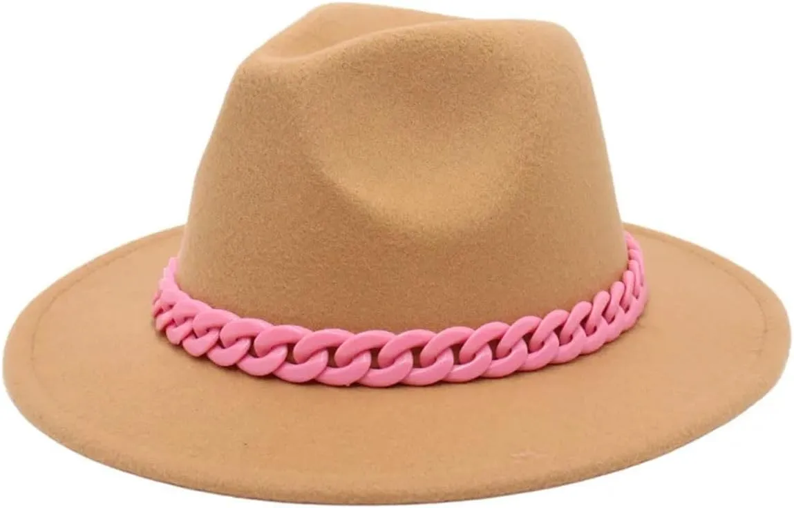 Men's Vintage Chain Top Hat Classic Wide Brim Hats for Women Men Party Church Felt Jazz Cap