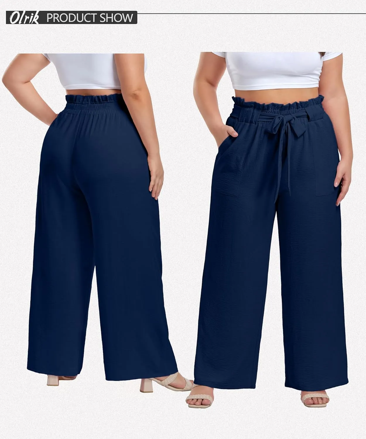 OLRIK Women's Plus Size Pants Summer High Waisted Wide Leg Casual Trousers with Pockets Self-Tie Belt (1X-5X)