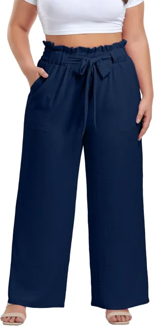OLRIK Women's Plus Size Pants Summer High Waisted Wide Leg Casual Trousers with Pockets Self-Tie Belt (1X-5X)