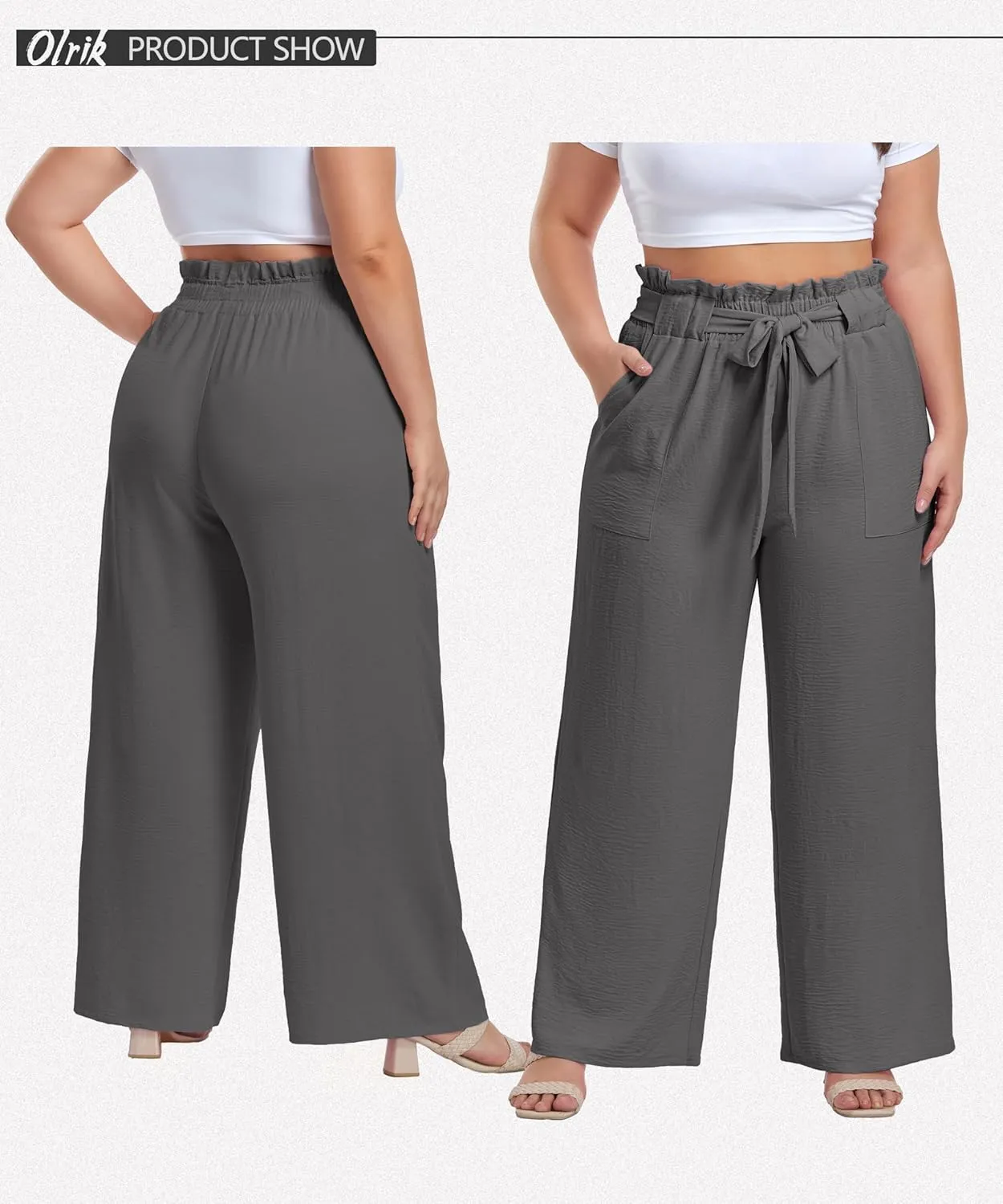 OLRIK Women's Plus Size Pants Summer High Waisted Wide Leg Casual Trousers with Pockets Self-Tie Belt (1X-5X)