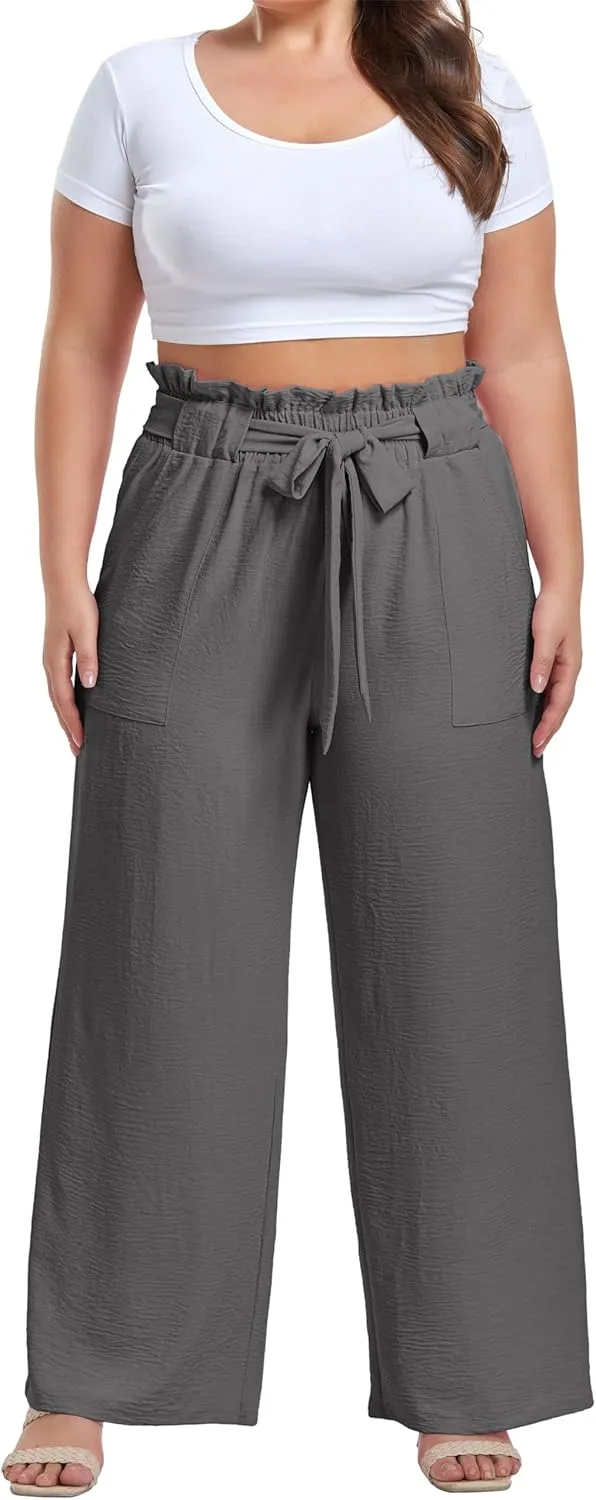 OLRIK Women's Plus Size Pants Summer High Waisted Wide Leg Casual Trousers with Pockets Self-Tie Belt (1X-5X)