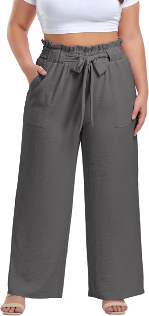 OLRIK Women's Plus Size Pants Summer High Waisted Wide Leg Casual Trousers with Pockets Self-Tie Belt (1X-5X)