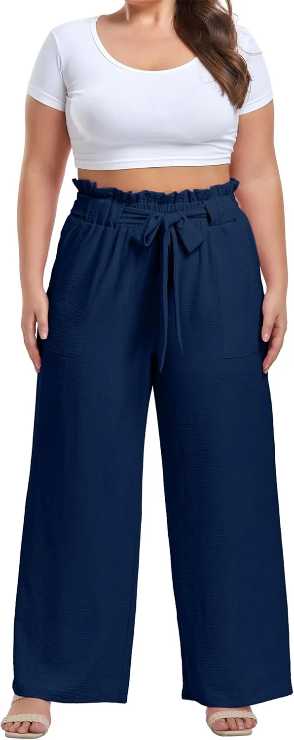 OLRIK Women's Plus Size Pants Summer High Waisted Wide Leg Casual Trousers with Pockets Self-Tie Belt (1X-5X)