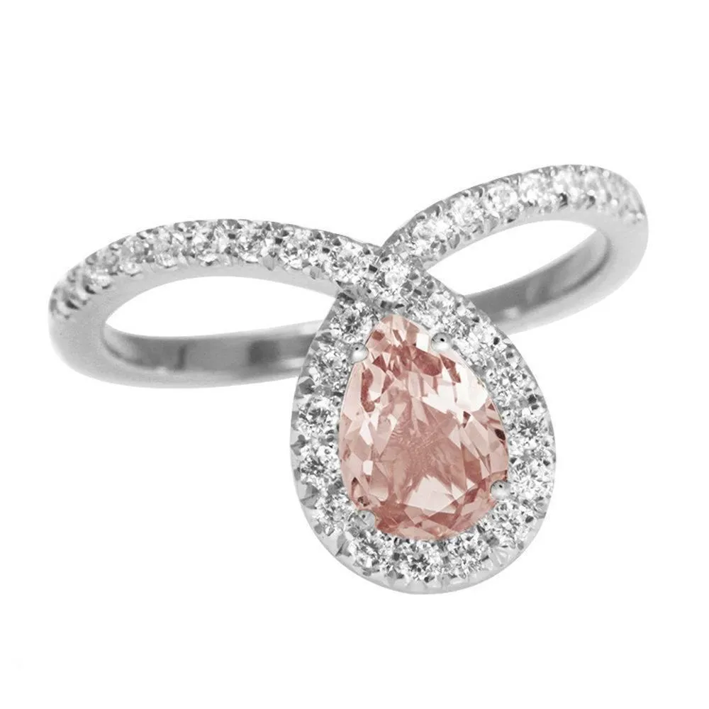Pear Morganite and Diamond Halo Loop Unique Engagement Ring "Bliss." ♥