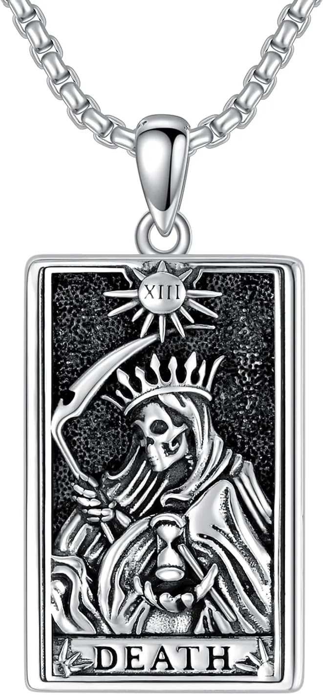 PELOVNY Santa Muerte Necklace 925 Sterling Silver Saint Holy Death Grim Reaper Necklace Halloween Jewelry Christmas Birthday Gifts for Men Women