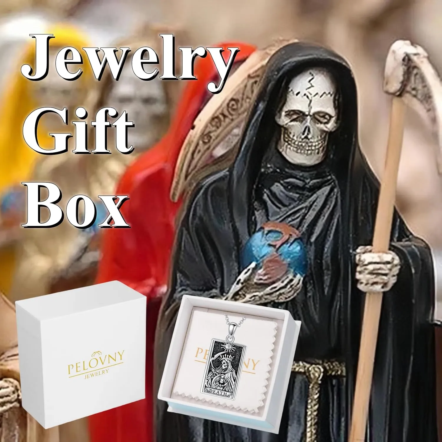 PELOVNY Santa Muerte Necklace 925 Sterling Silver Saint Holy Death Grim Reaper Necklace Halloween Jewelry Christmas Birthday Gifts for Men Women