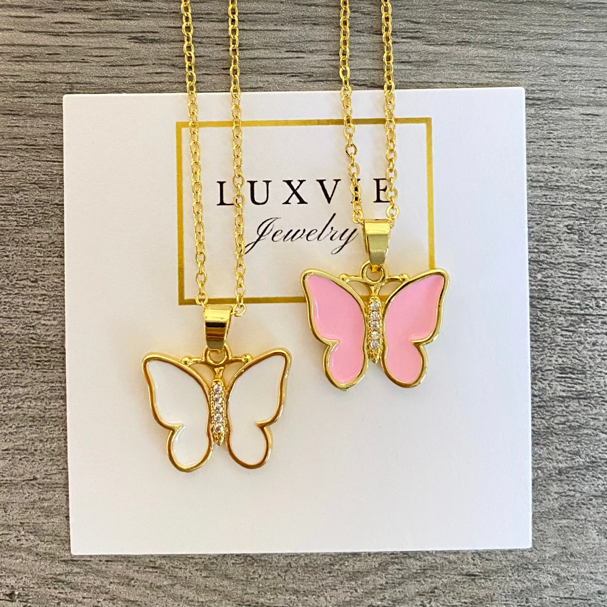 Pink & White butterfly Necklace 010