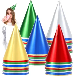 Prasacco 50 Pack Colorful Birthday Party Hats, Metallic Foil Cone Hats for Kids and Adults (Red, Blue, Green, Gold and Silver)