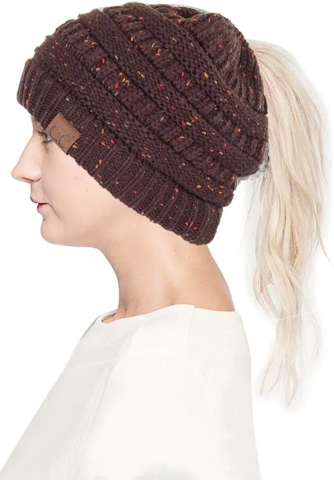 ScarvesMe Women Confetti BeanieTail Ponytail Messy Bun Solid Ribbed Beanie Hat Cap