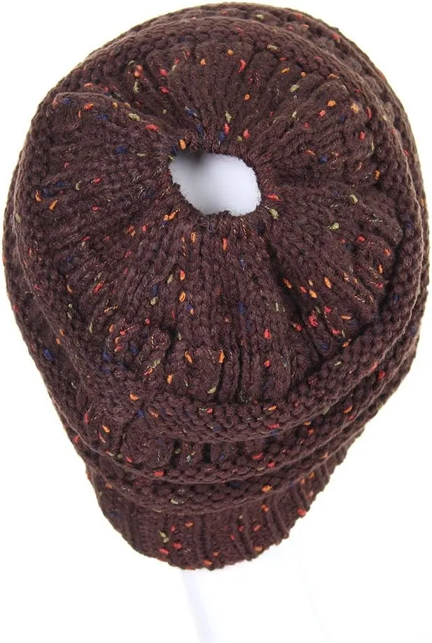 ScarvesMe Women Confetti BeanieTail Ponytail Messy Bun Solid Ribbed Beanie Hat Cap