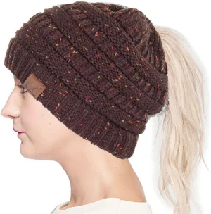 ScarvesMe Women Confetti BeanieTail Ponytail Messy Bun Solid Ribbed Beanie Hat Cap