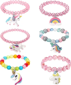 Set of 6 Unicorn Rainbow Bracelets, Little Girl Animal Bracelets, Teens Kids Unicorn Pendant Beaded Bracelet Girl Party Favor Pretend Play Bracelet
