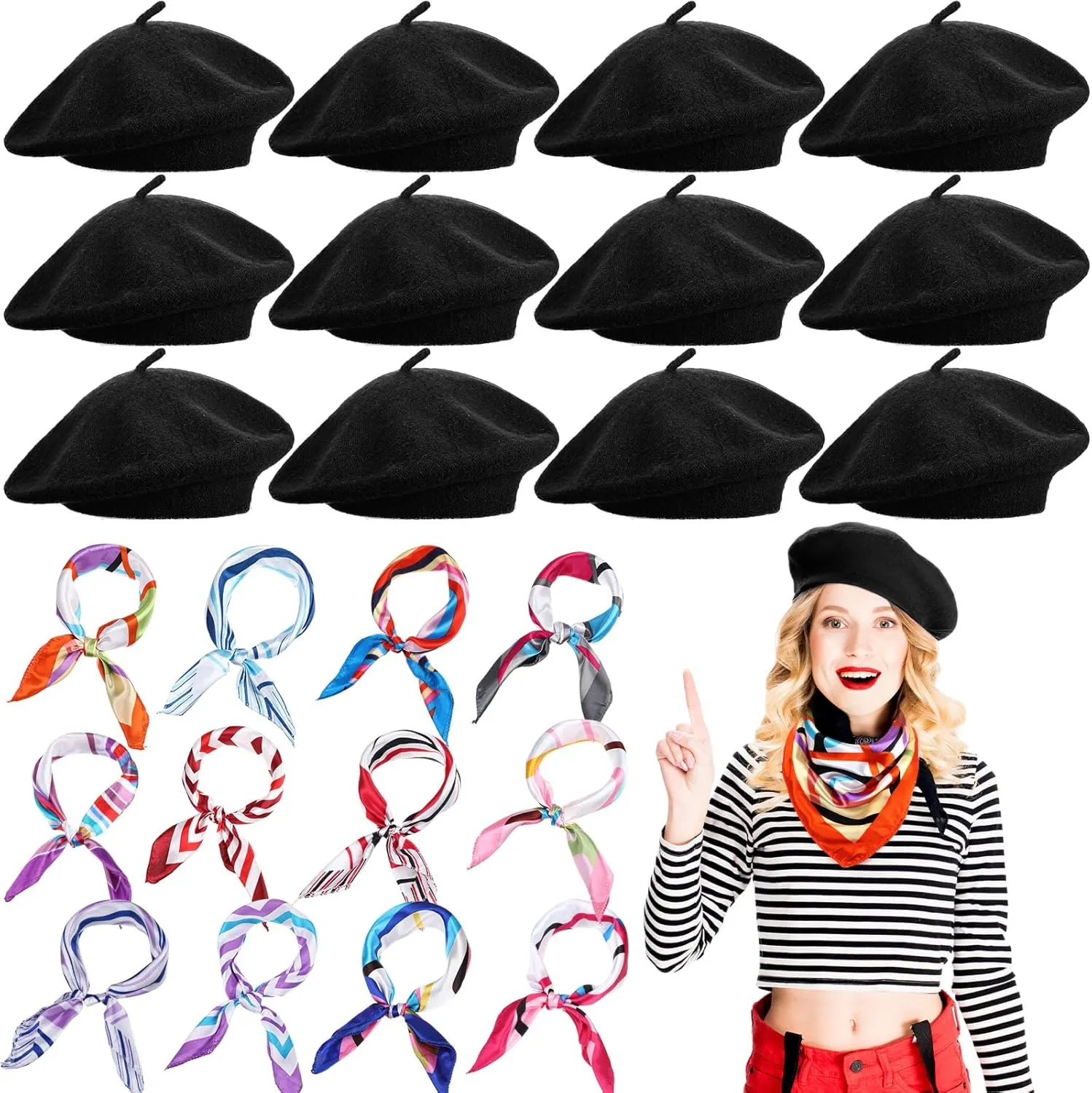 Shinymoon 24 Pcs Wool Beret Hat Bulk Artist Beanie Beret Warm French Hat with Silky Neck Scarf for Women Girl Lady