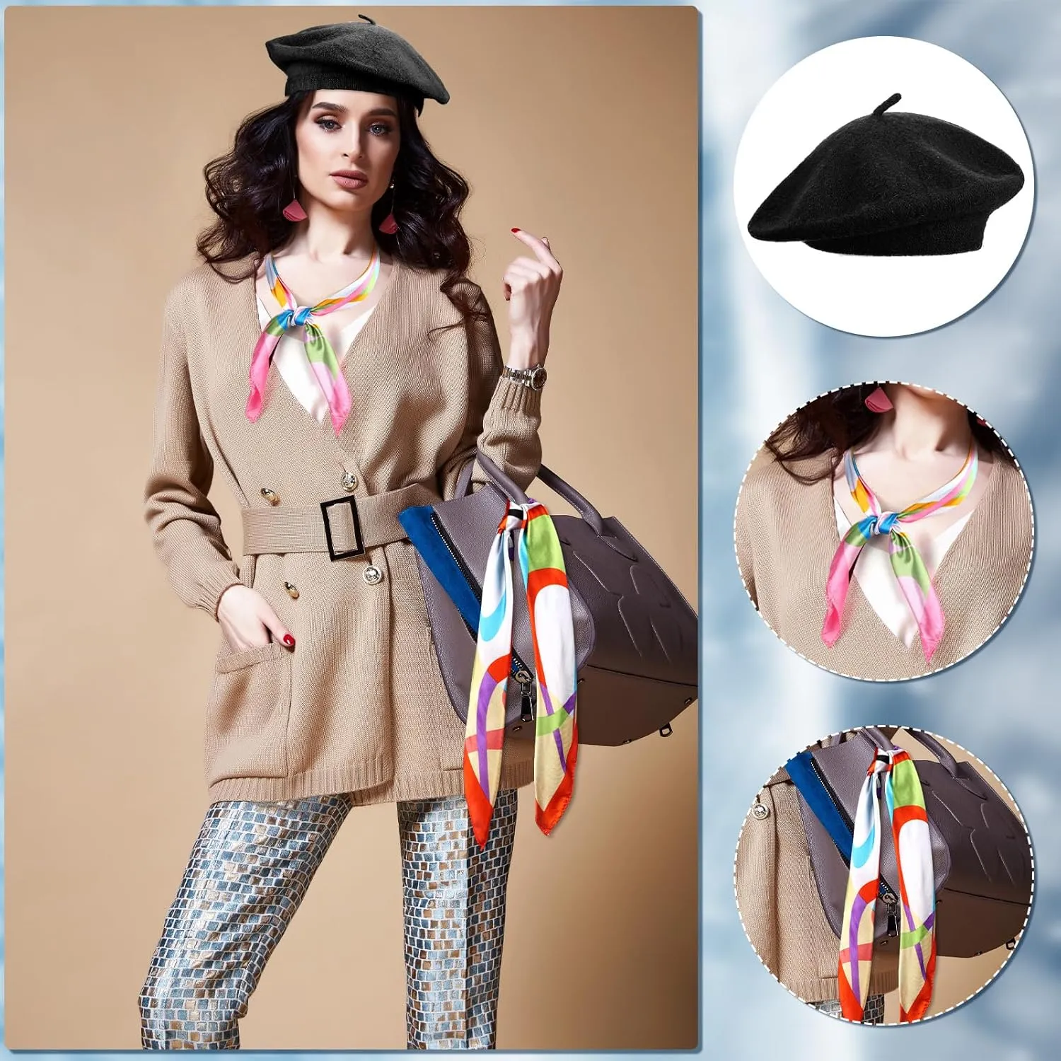 Shinymoon 24 Pcs Wool Beret Hat Bulk Artist Beanie Beret Warm French Hat with Silky Neck Scarf for Women Girl Lady