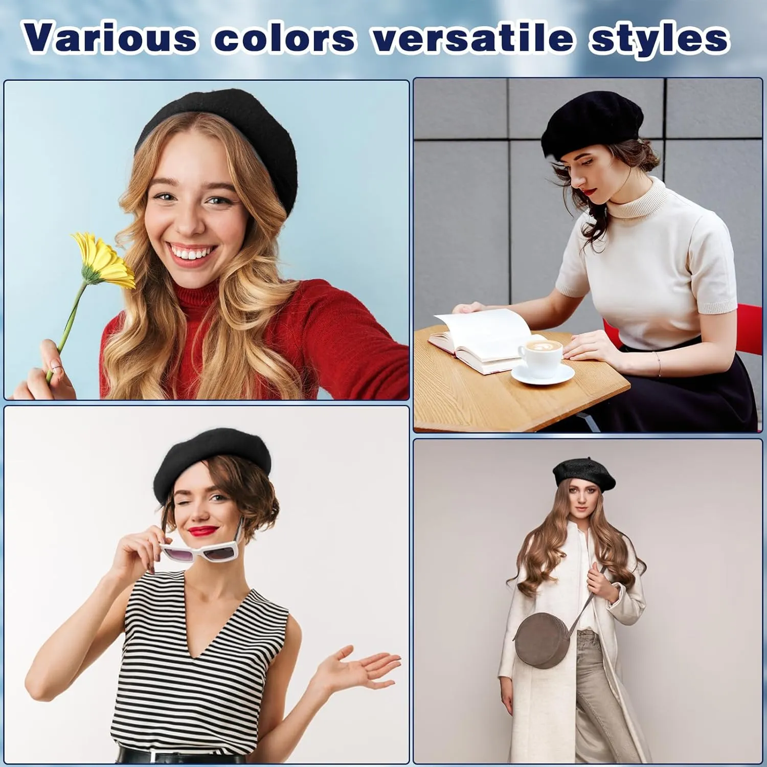 Shinymoon 24 Pcs Wool Beret Hat Bulk Artist Beanie Beret Warm French Hat with Silky Neck Scarf for Women Girl Lady