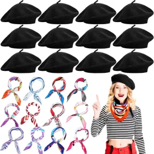 Shinymoon 24 Pcs Wool Beret Hat Bulk Artist Beanie Beret Warm French Hat with Silky Neck Scarf for Women Girl Lady