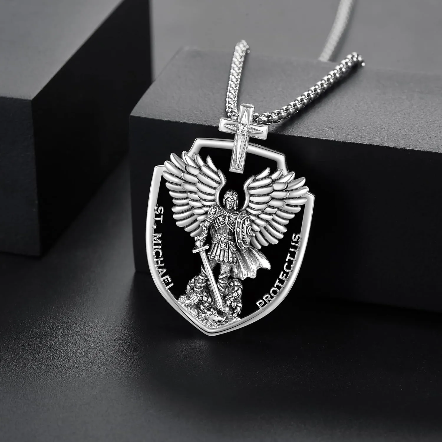 St Michael/Crucifix/Four Way Cross/Celtic Cross Necklace for Men Sterling Silver Obsidian Malachite Saint Necklace for Men Saint Michael Jewelry for Men
