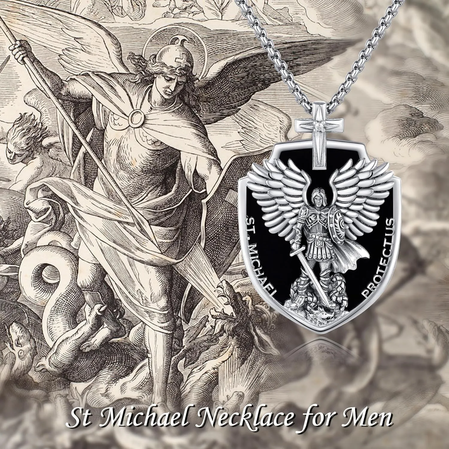 St Michael/Crucifix/Four Way Cross/Celtic Cross Necklace for Men Sterling Silver Obsidian Malachite Saint Necklace for Men Saint Michael Jewelry for Men