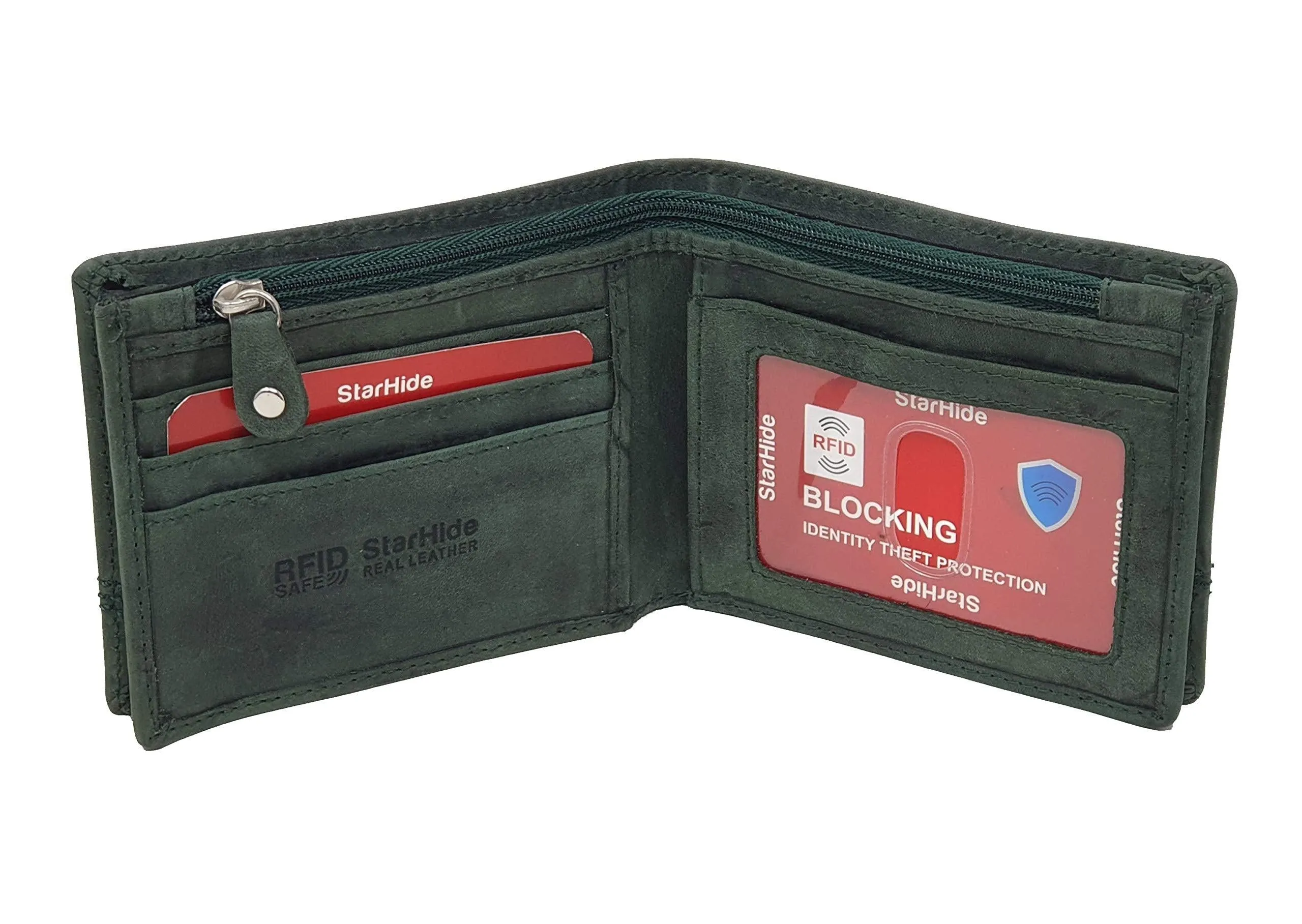 StarHide Mens Essentials Wallet RFID Safe Contactless Security Card Protection Distressed Hunter Leather Billfold Purse 1150 Green