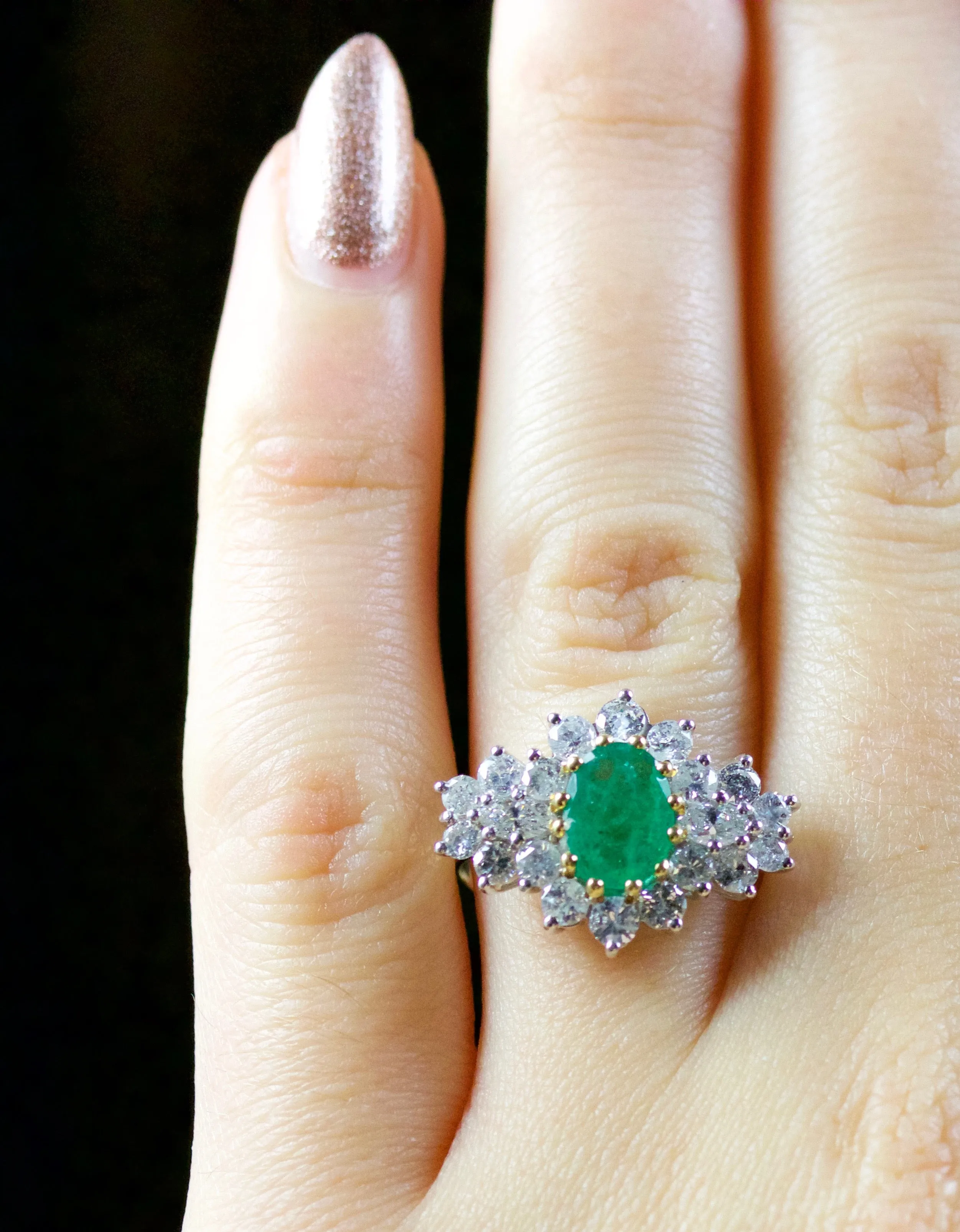 Vintage Emerald Diamond Ring 18Ct Gold Circa 1970