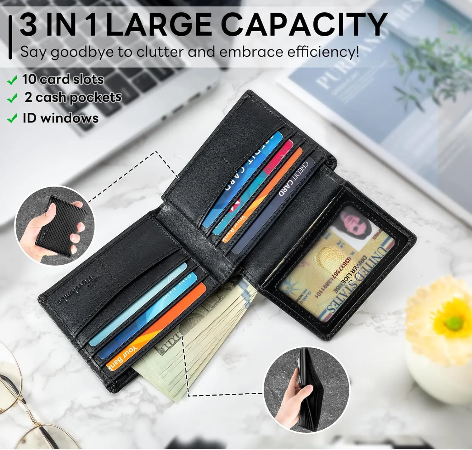 Wallet for Men, Premium Classic Mens Wallet Minimalist Slim Bifold Wallet, RFID Blocking Wallet with 10 Credit Card, 2 ID Window and 2 Cash Slots, Leather Compact Wallet, Front Pocket Card Holder