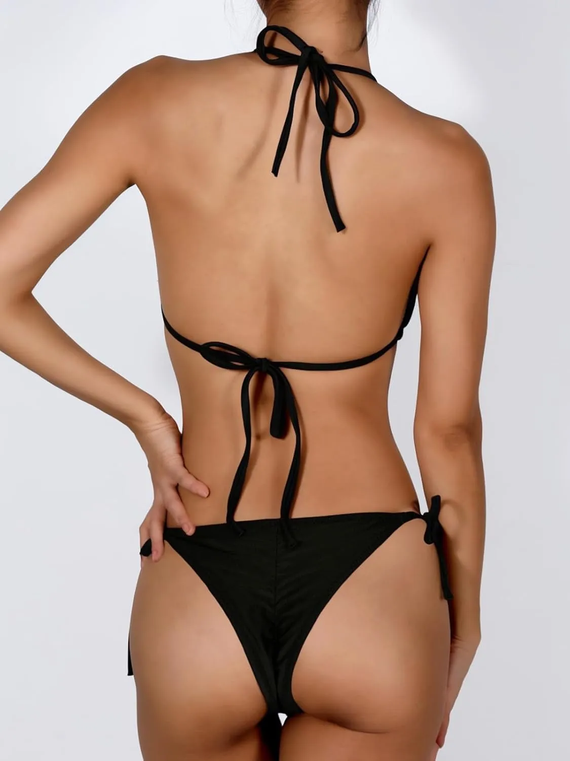 Women Thong Bikini Sets String Halter Two Piece Sexy Swimsuit Cheeky Solid Color Bathing Suit