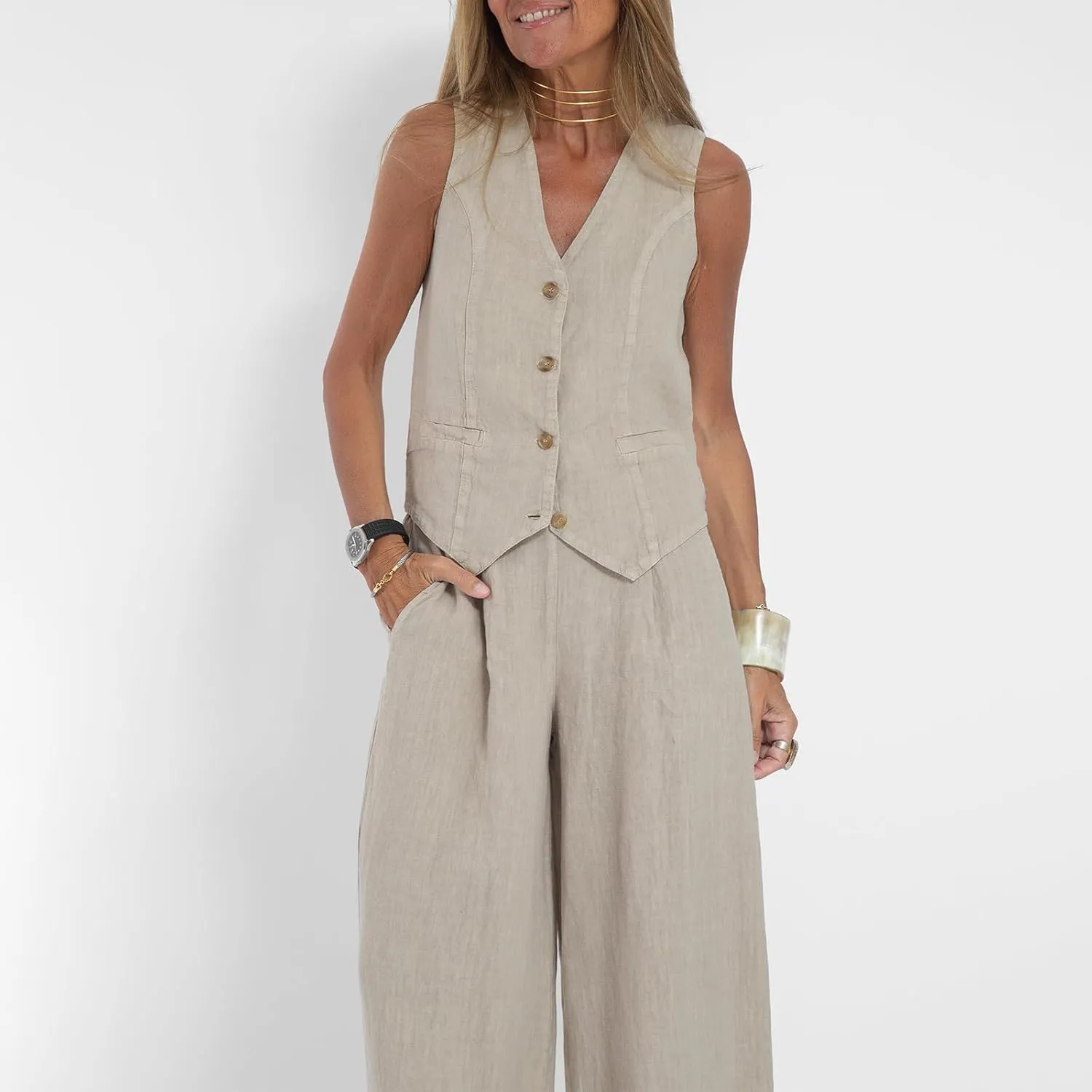 Womens Cotton Linen 2 Piece Outfit Sleeveless Suit Button V-Neck Vest and Wide Leg Pants Casual Blazer Matching Sets