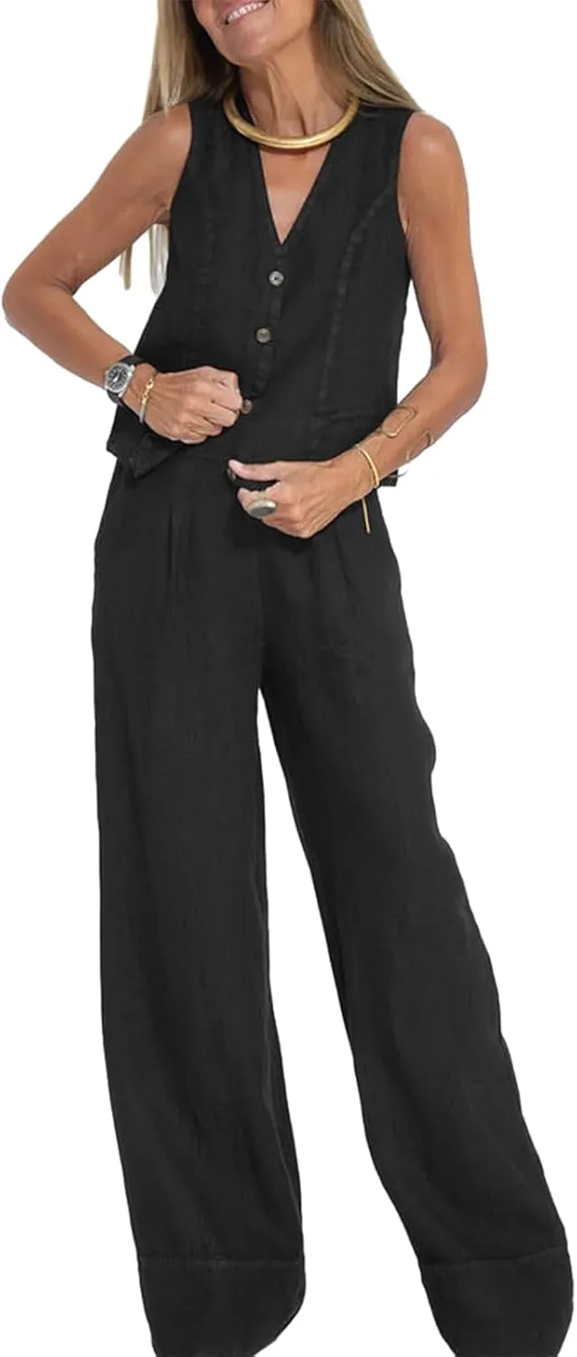 Womens Cotton Linen 2 Piece Outfit Sleeveless Suit Button V-Neck Vest and Wide Leg Pants Casual Blazer Matching Sets
