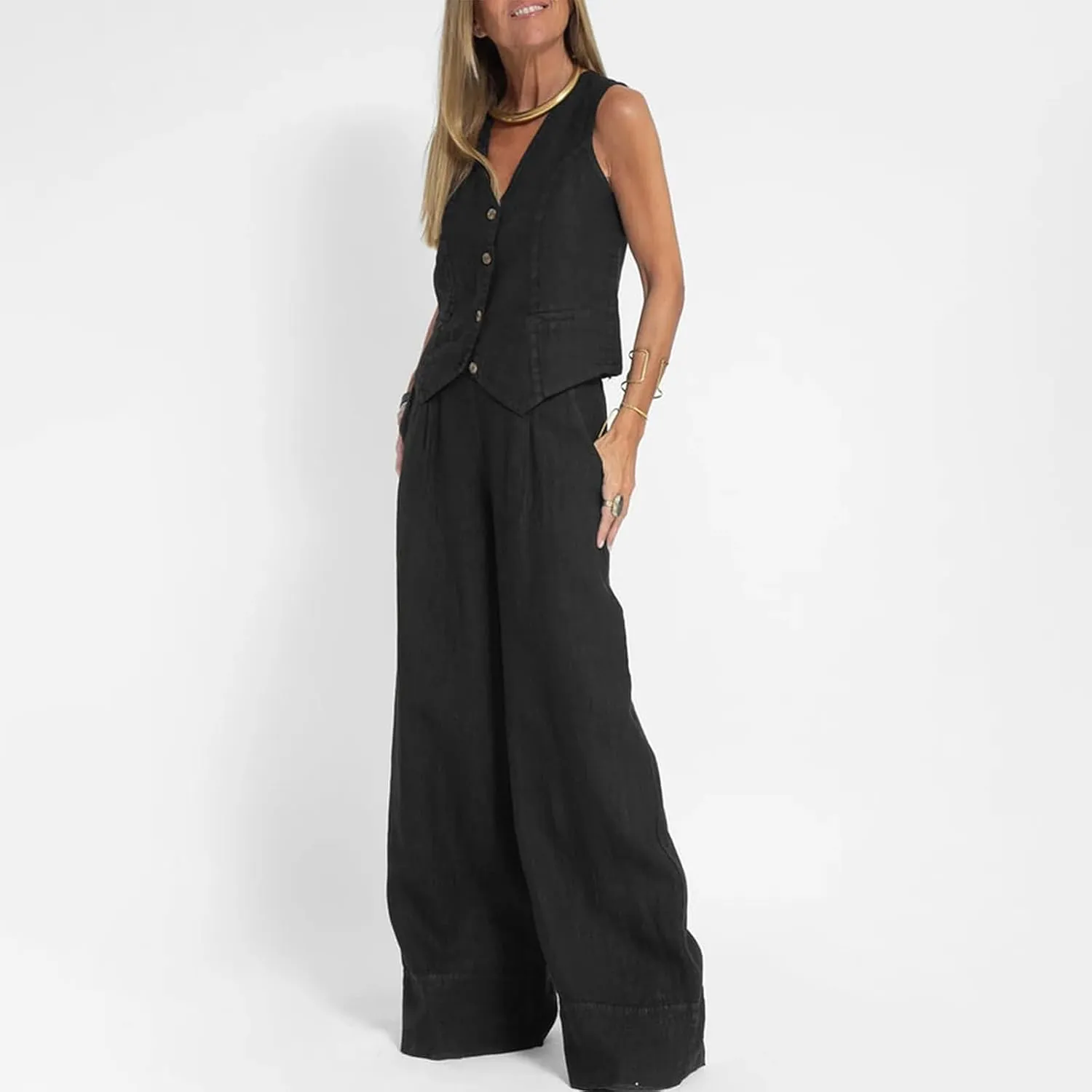 Womens Cotton Linen 2 Piece Outfit Sleeveless Suit Button V-Neck Vest and Wide Leg Pants Casual Blazer Matching Sets