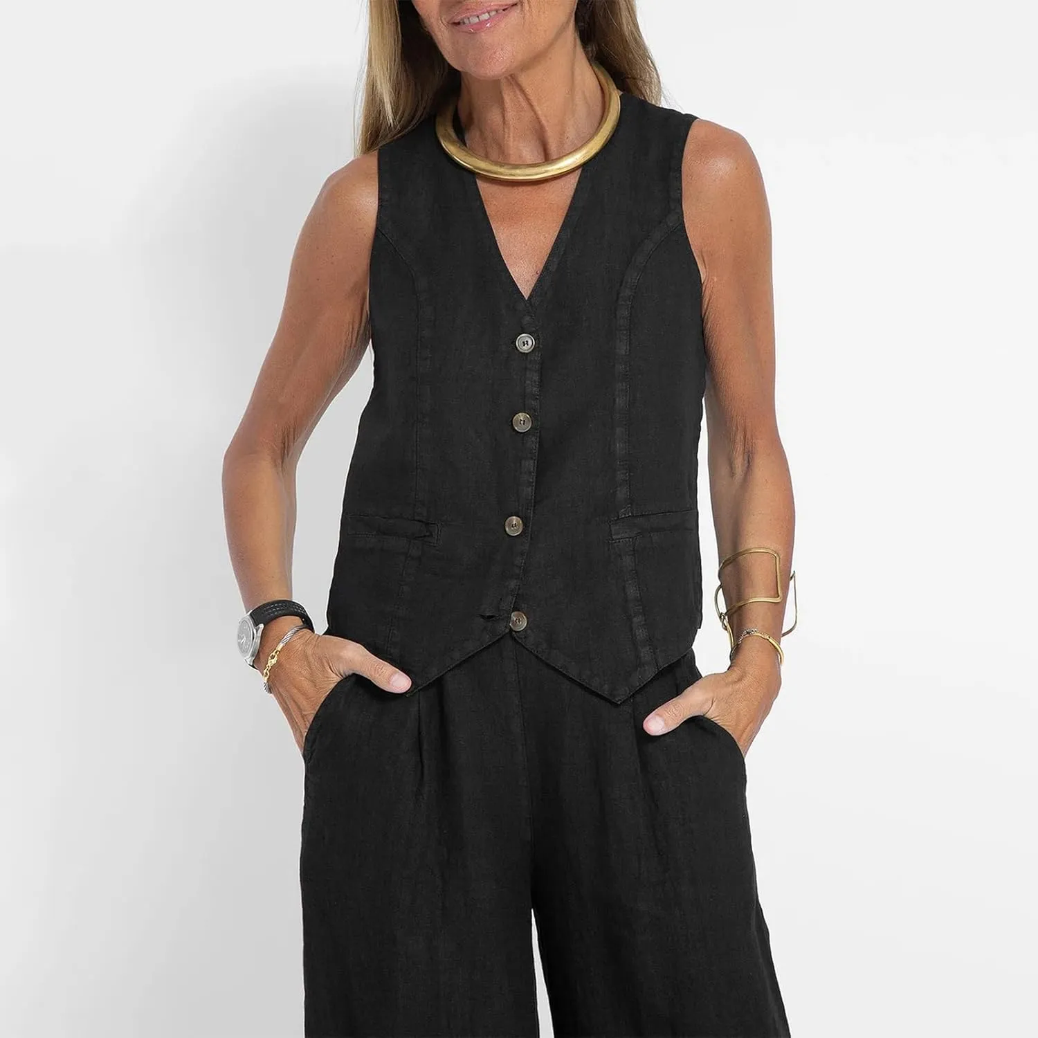 Womens Cotton Linen 2 Piece Outfit Sleeveless Suit Button V-Neck Vest and Wide Leg Pants Casual Blazer Matching Sets