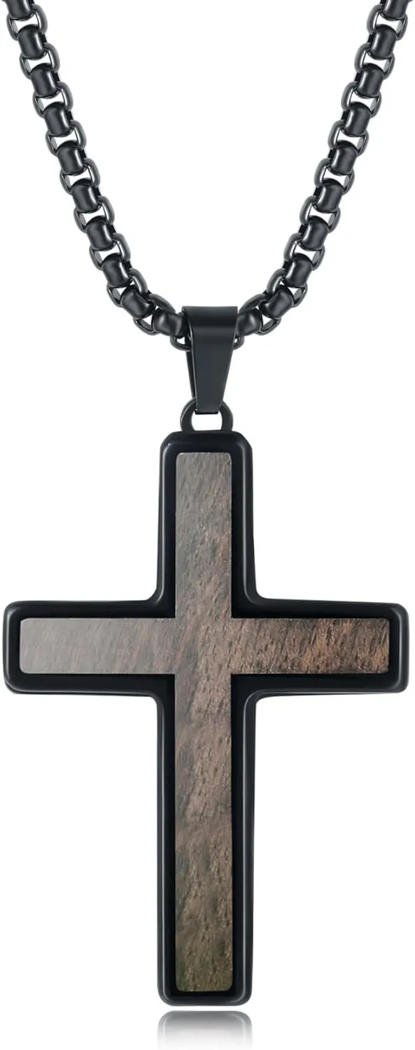 Wooden Cross Necklace for Men, Hand Inlaid Real Ebony Gold Stainless Steel Mens Cross Necklaces, Christian Black Wood Crucifix Pendant 24" Box Chain