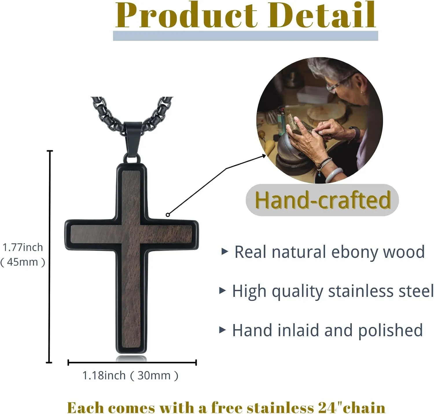 Wooden Cross Necklace for Men, Hand Inlaid Real Ebony Gold Stainless Steel Mens Cross Necklaces, Christian Black Wood Crucifix Pendant 24" Box Chain